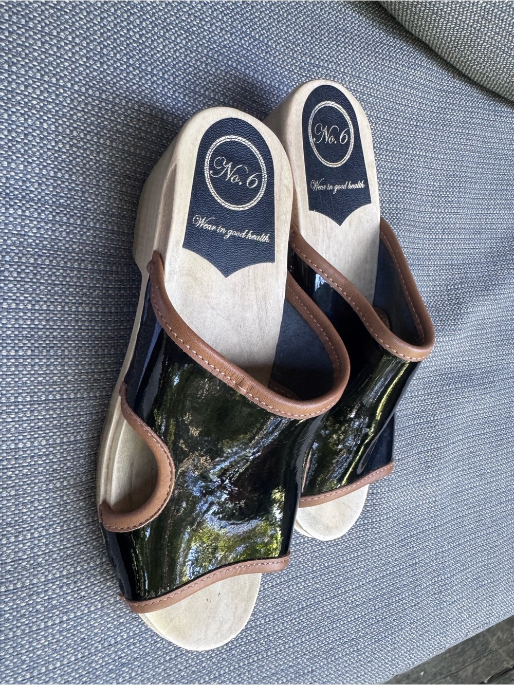 No. 6 Black Patent Slide Mules with Brown Trim - Picture 2 of 3
